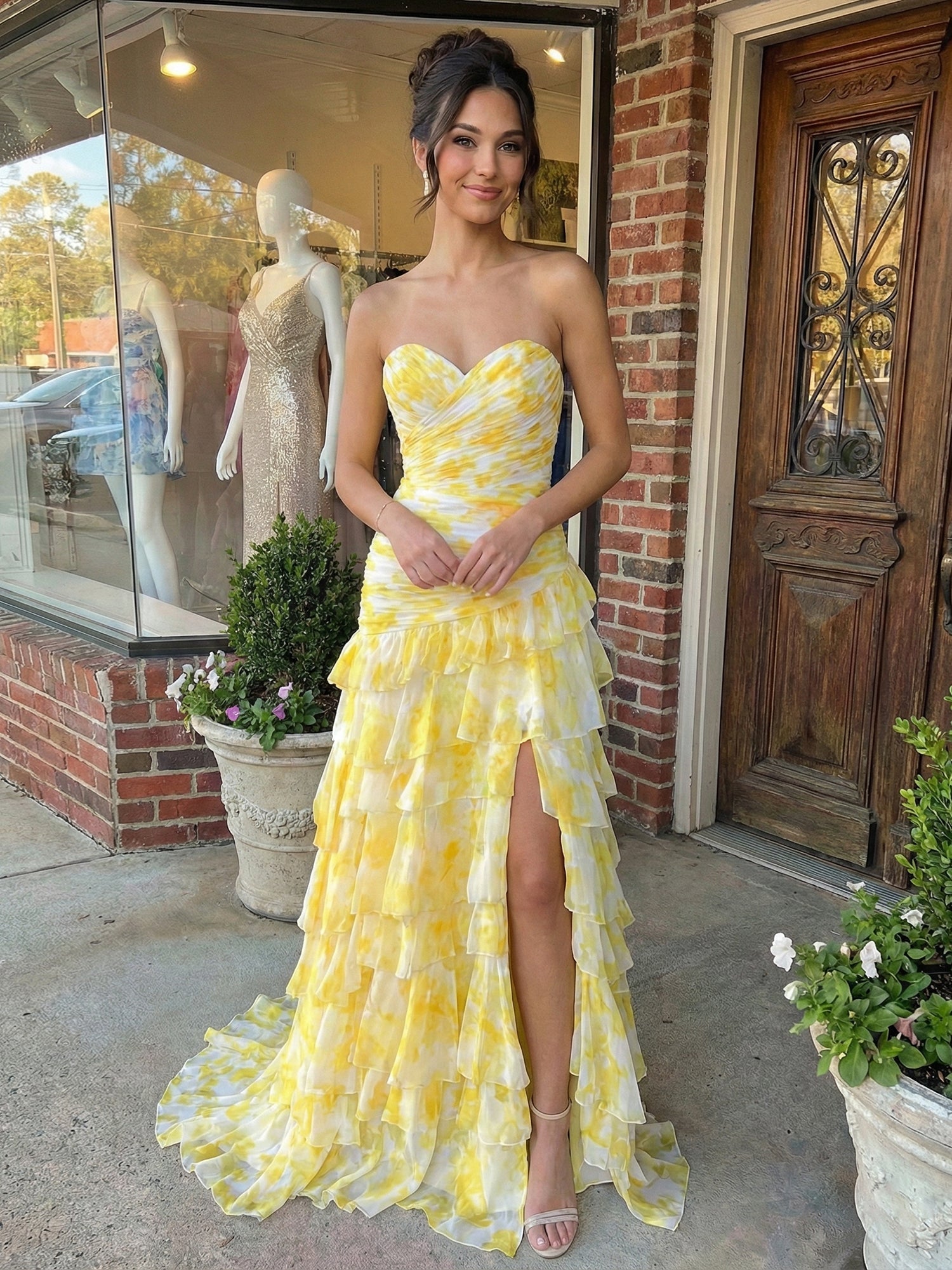 Yellow Print Mermaid Ruffled Tiered Prom Dress with Slit