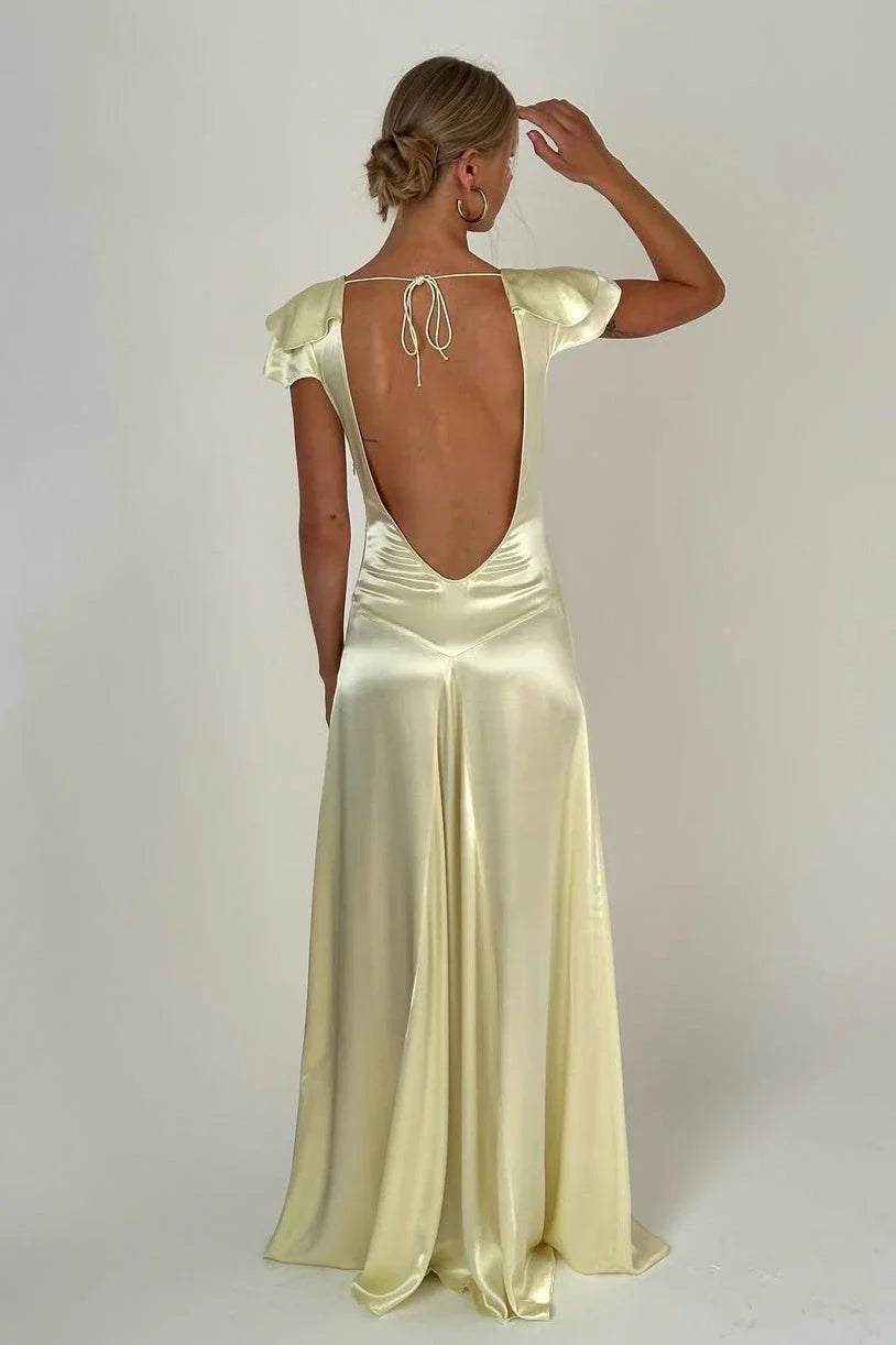 Yellow Satin Open Back Wedding Guest Dress Formal Evening Dress J10261