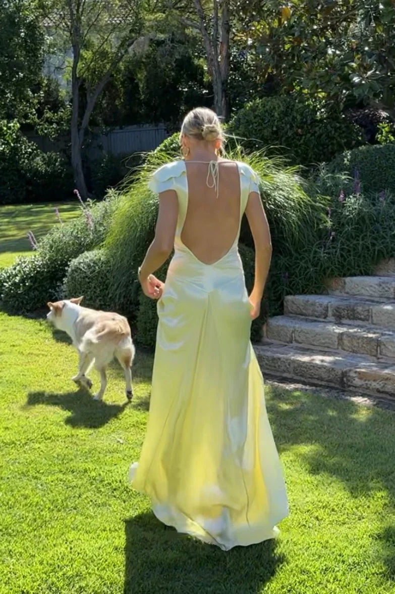 Yellow Satin Open Back Wedding Guest Dress Formal Evening Dress J10261