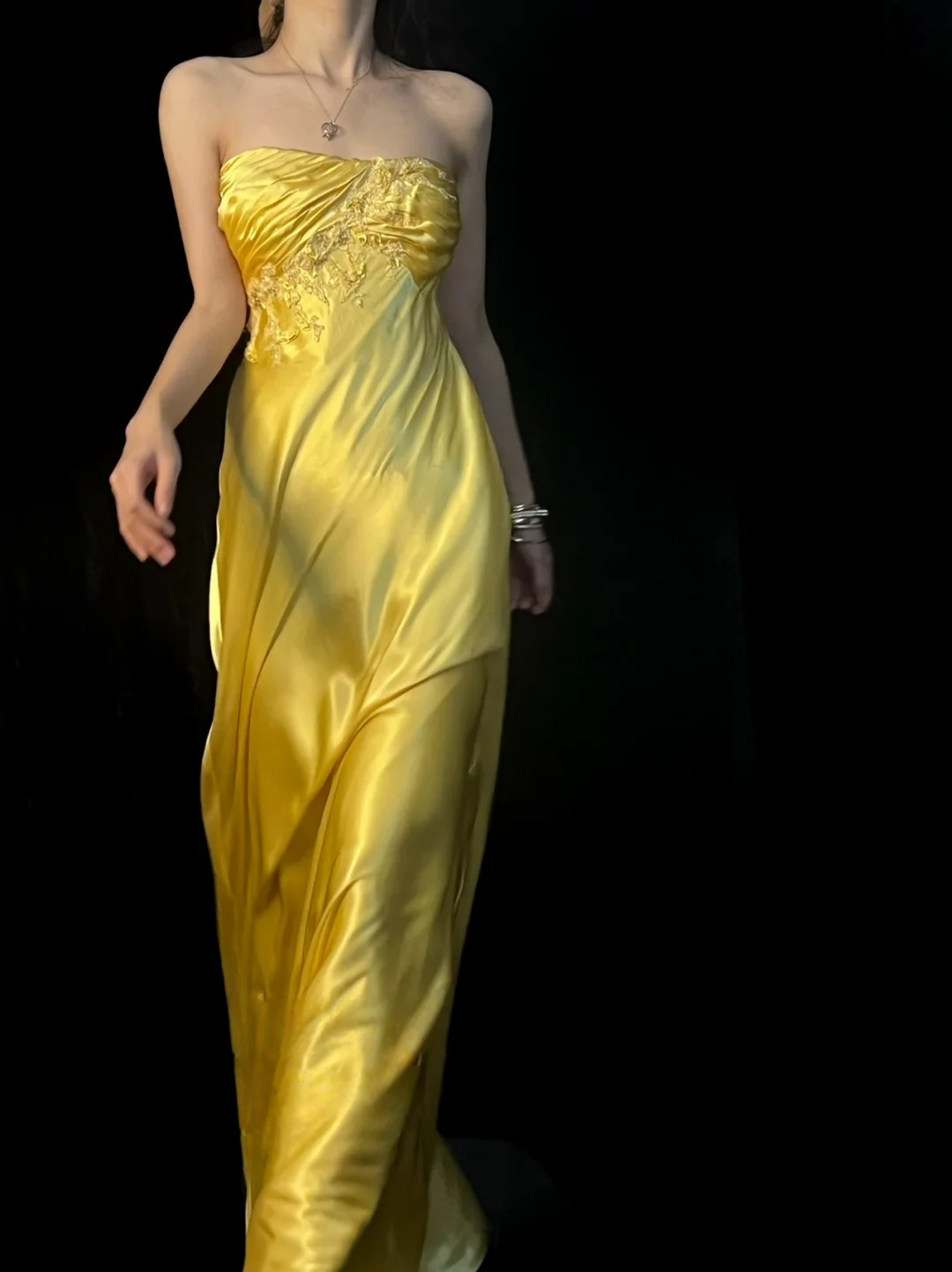 Yellow Satin Prom Dress Formal Evening Gown With Appliques J10130