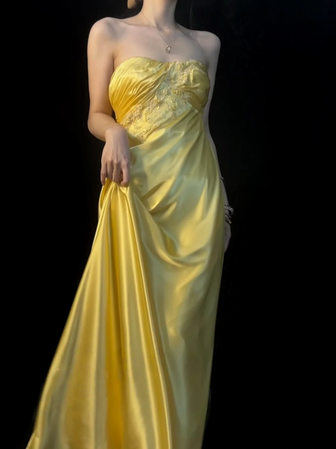 Yellow Satin Prom Dress Formal Evening Gown With Appliques J10130