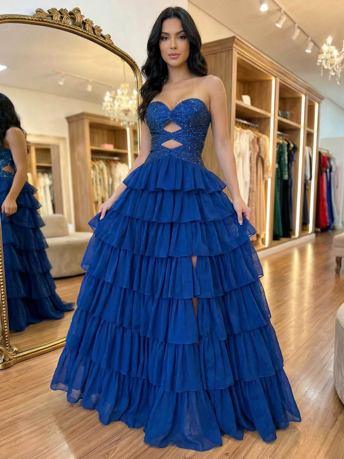 Yellow Sequined Cutout Tiered Ruffle Prom Dress with Slit - View 4 | FashionDia