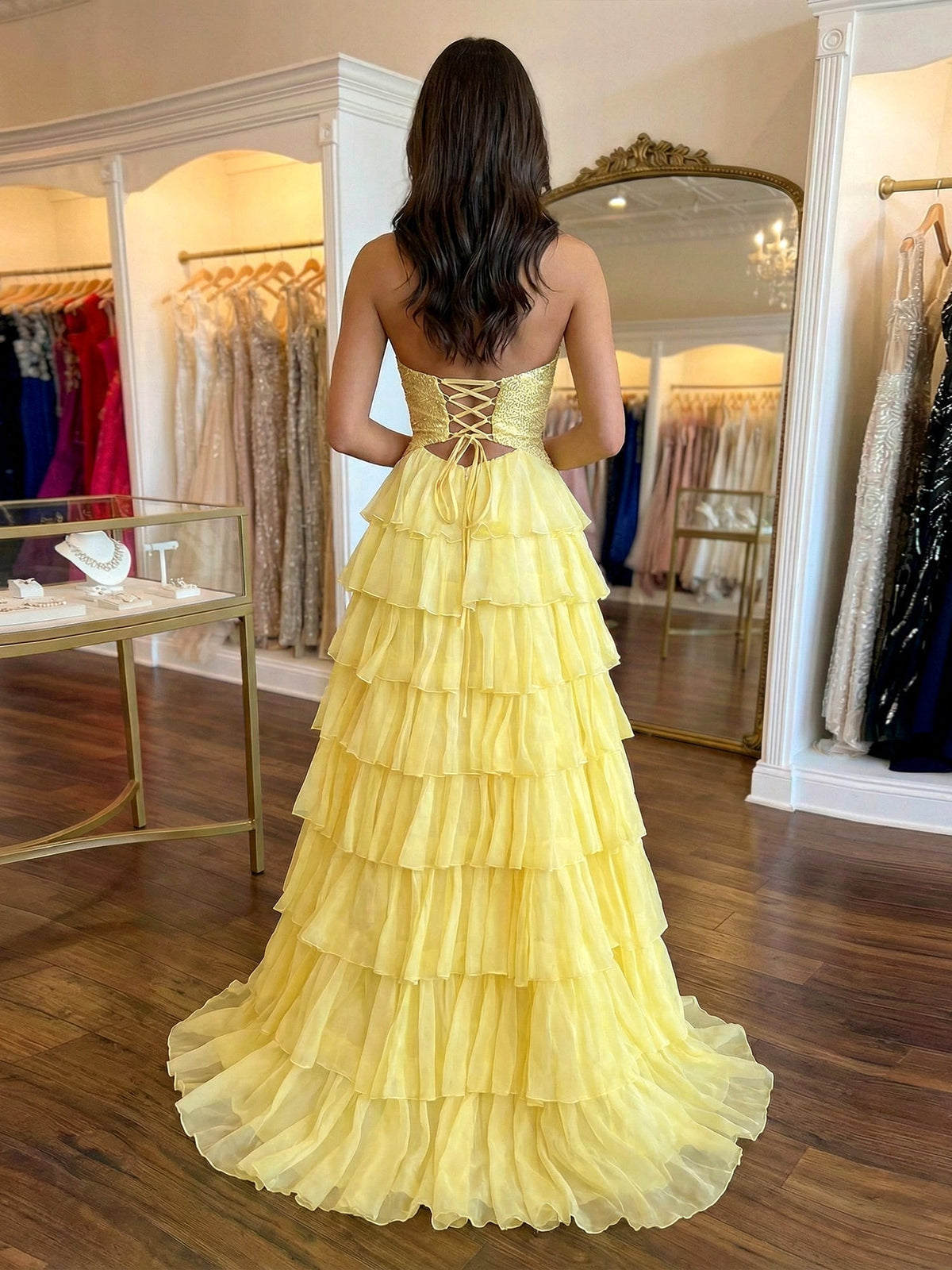 Yellow Sequined Cutout Tiered Ruffle Prom Dress with Slit - View 2 | FashionDia