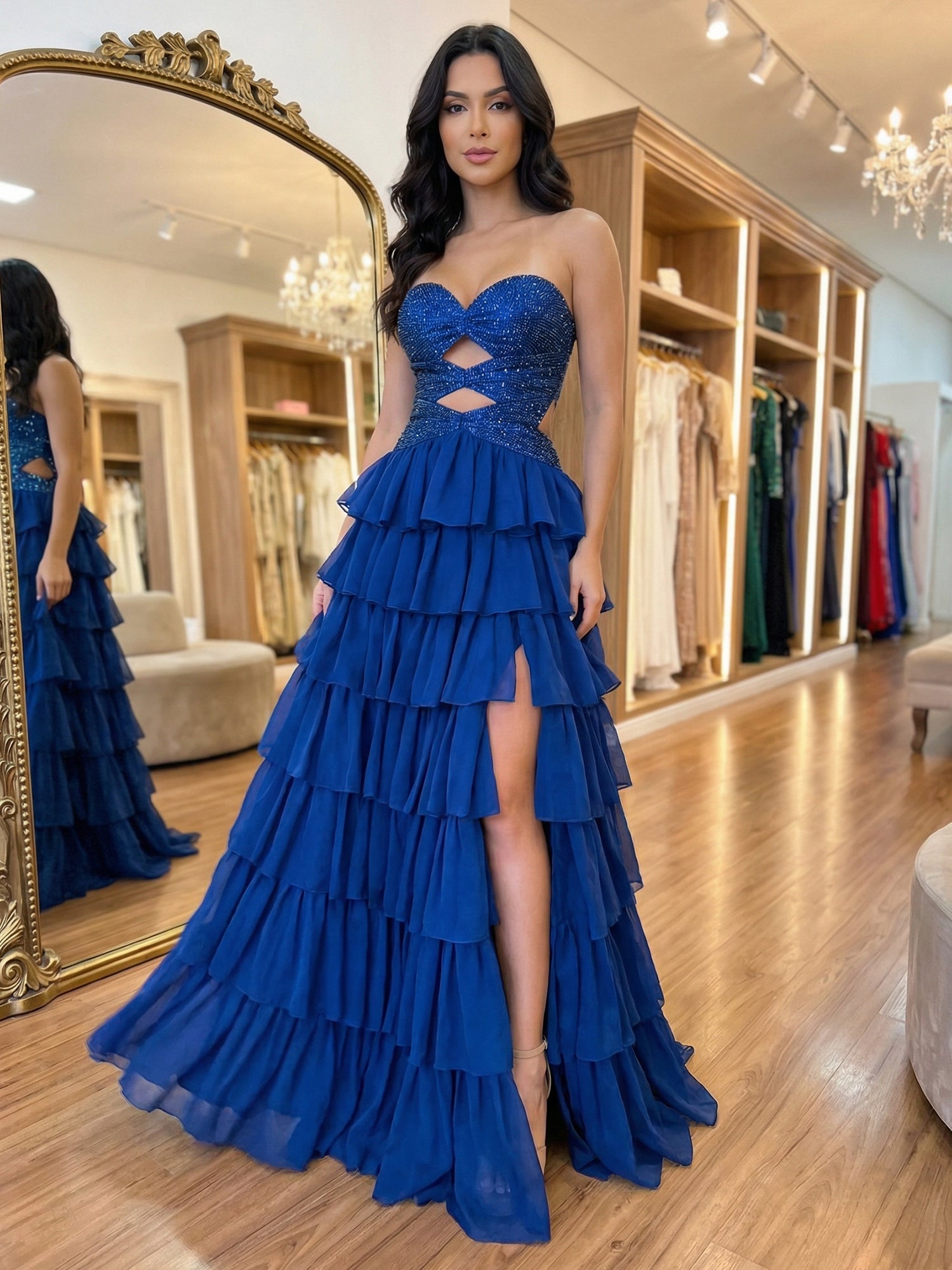 Yellow Sequined Cutout Tiered Ruffle Prom Dress with Slit - View 6 | FashionDia