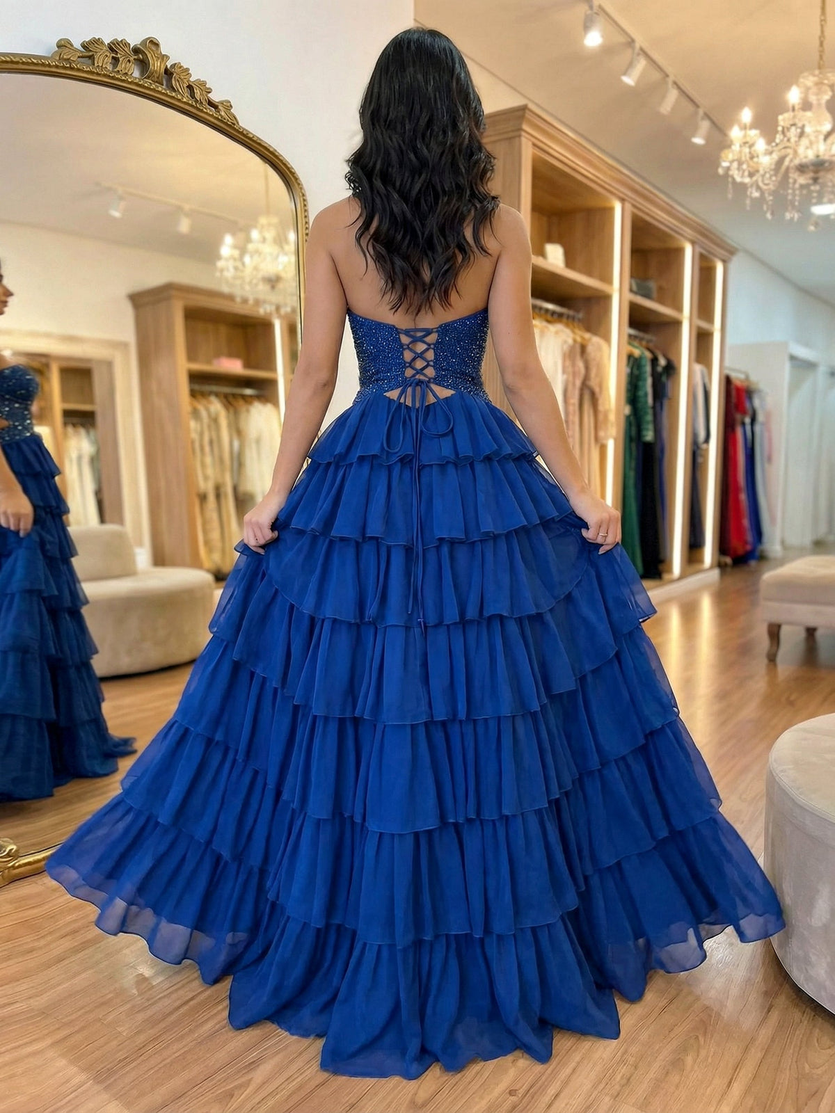 Yellow Sequined Cutout Tiered Ruffle Prom Dress with Slit - View 5 | FashionDia