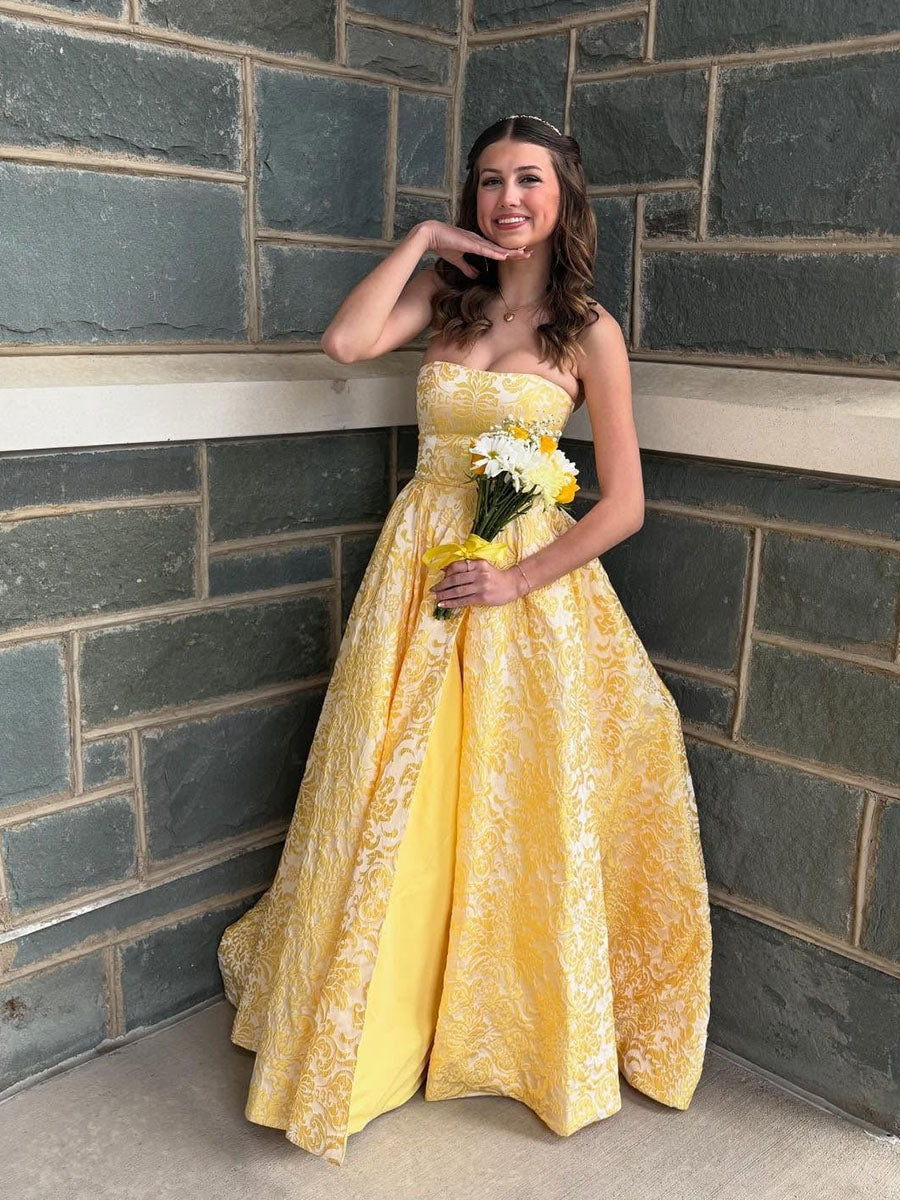 Yellow Strapless Embroidery Print A-Line Long Prom Dress