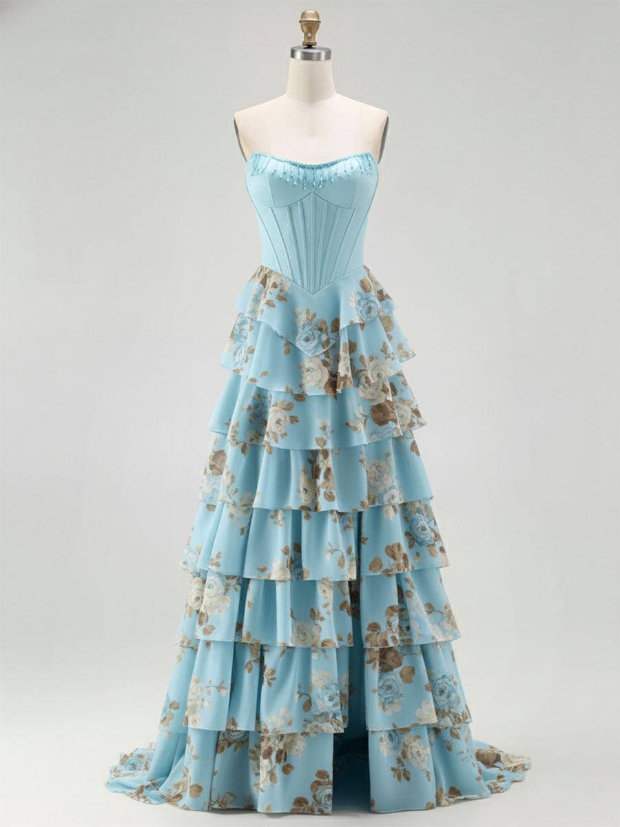 Blue Strapless Floral Print Tiered Ruffle Corset Prom Dress - FashionDia