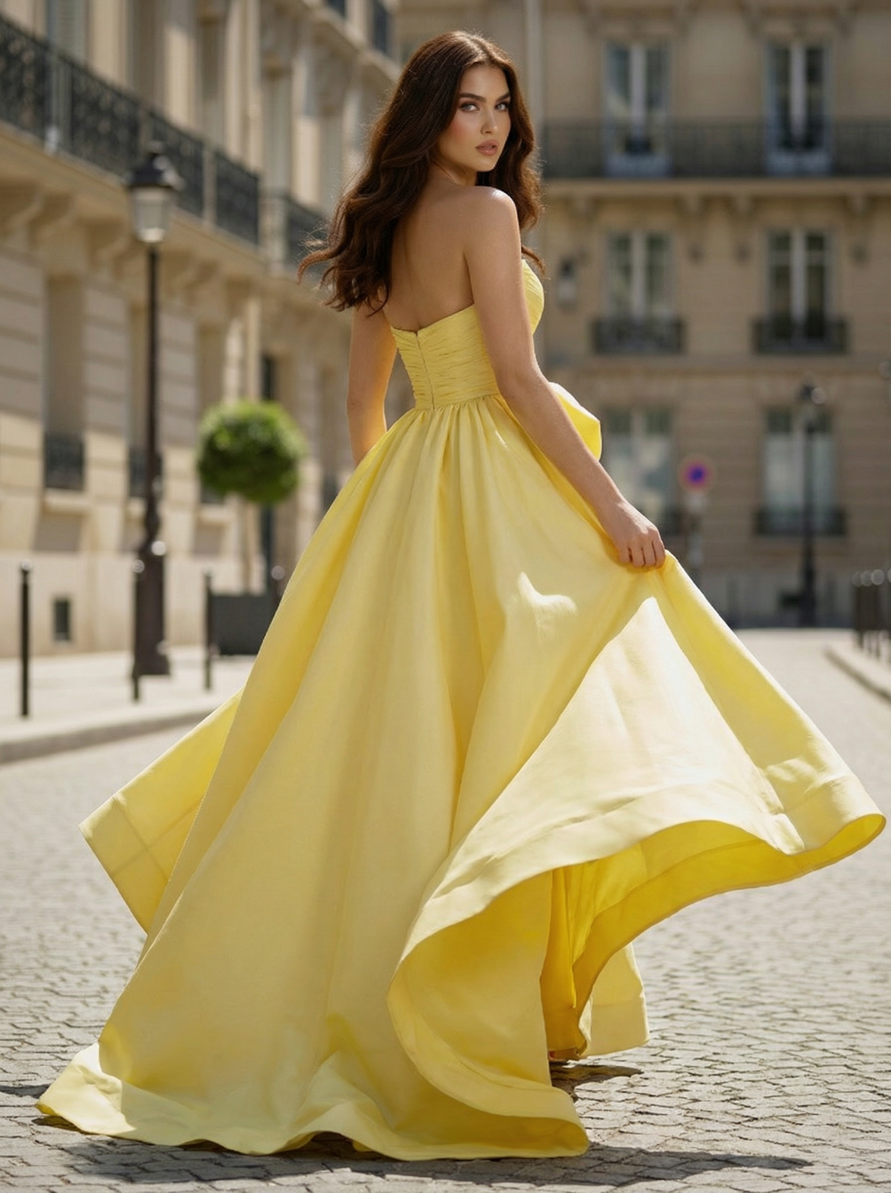 Yellow Strapless Satin Prom Dress with Dramatic Bow and High Slit