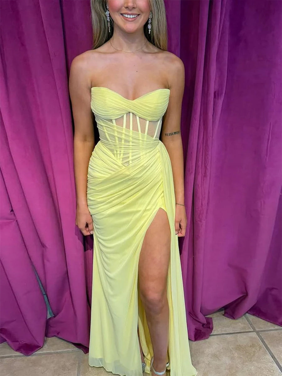 Yellow Strapless Sweetheart Corset Ruched Prom Dress with Slit