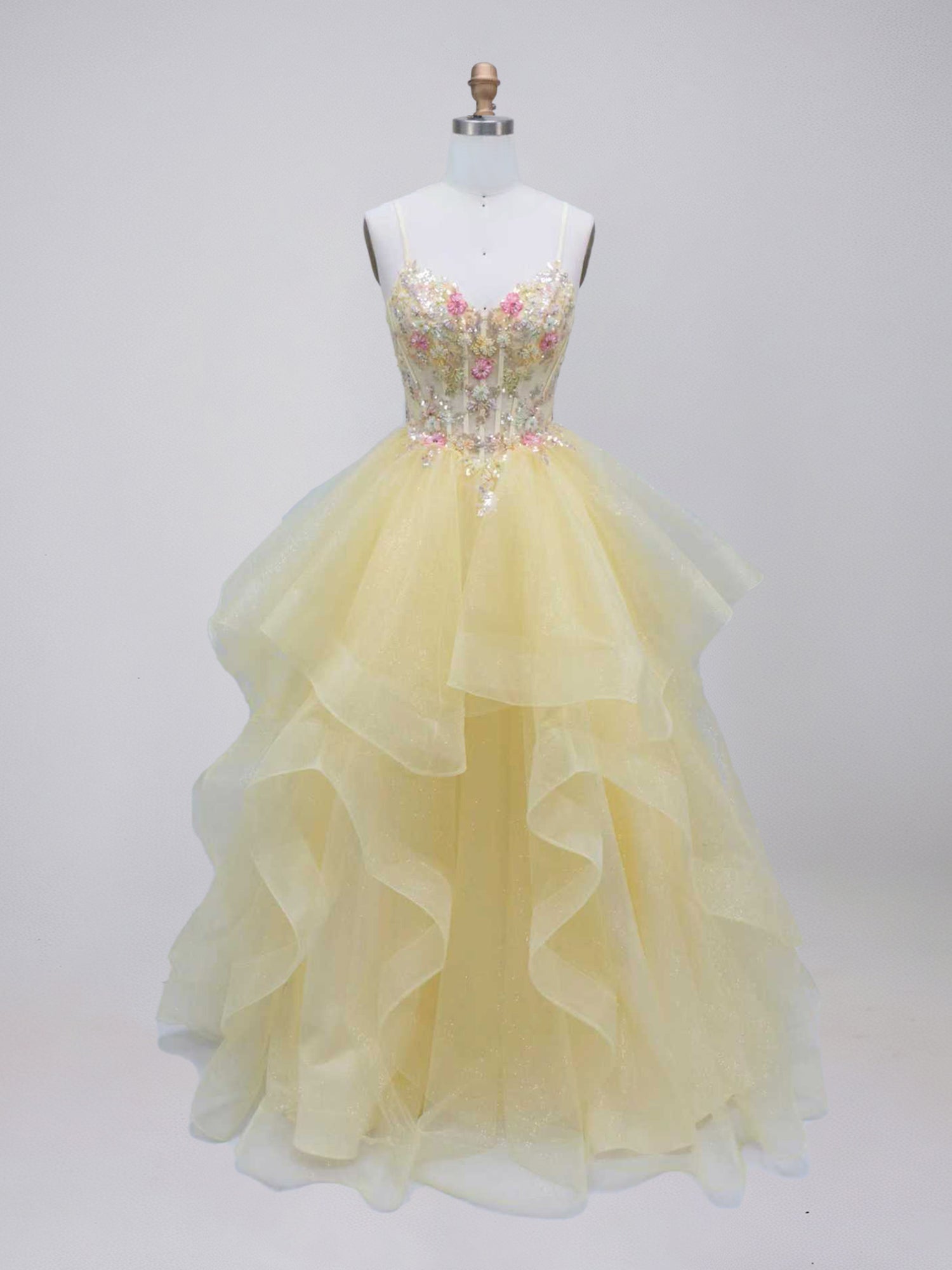 Yellow Tiered Tulle Prom Dress with Floral Embroidered Sheer Corset - VelvetHem