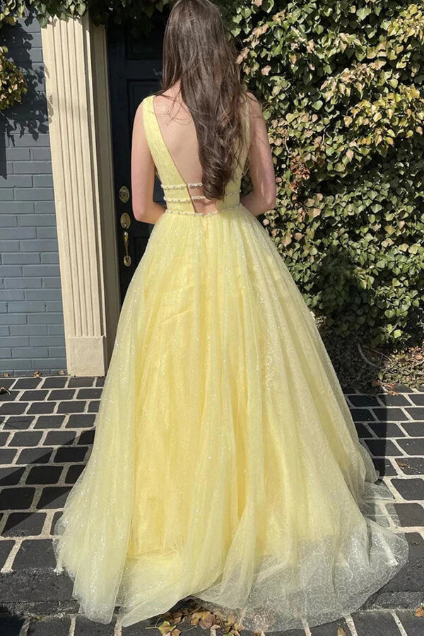 Yellow Tulle A-line V-neck Long Prom Dresses With Belt, Evening Dresses - View 2 | VelvetHem