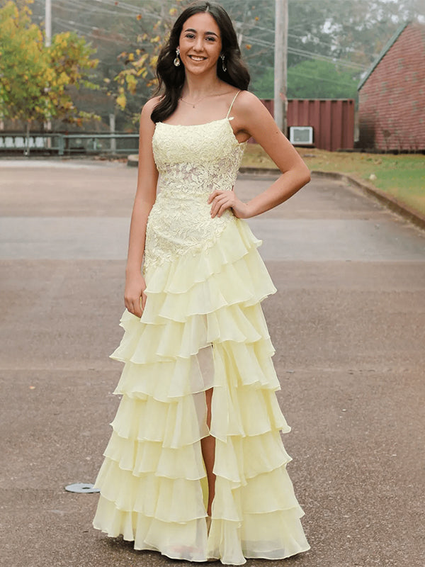 Yellow A-Line Spaghetti Straps Appliques Tiered Chiffon Prom Dress with Slit