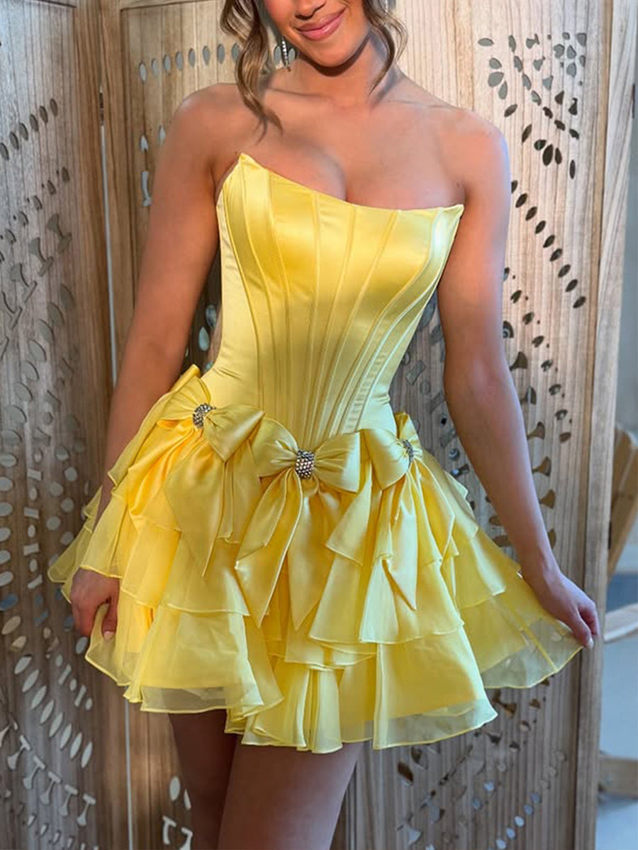 A-Line Strapless Short Satin Homecoming Dress With Bowknot
