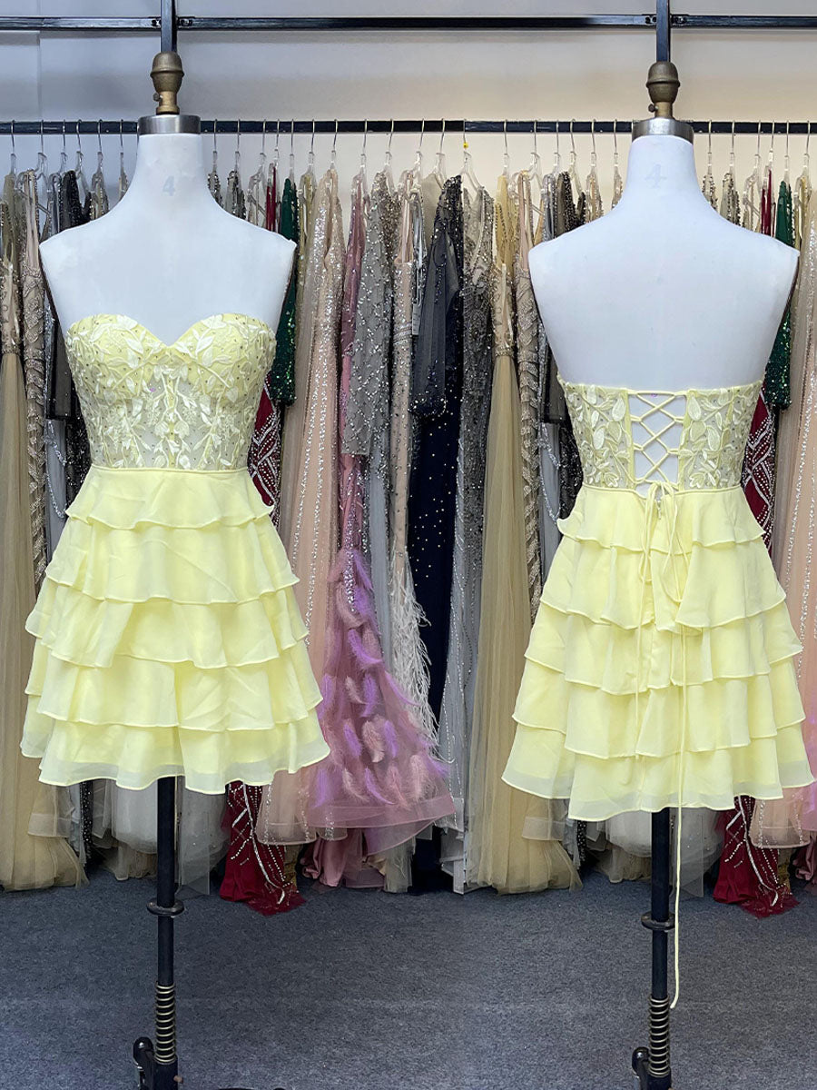 A-Line Sweetheart Short Tiered Lace Top Homecoming Dress