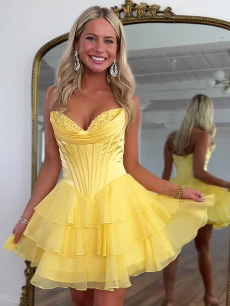 A-Line Strapless Short Corset Homecoming Dress with Ruffles - FashionDia