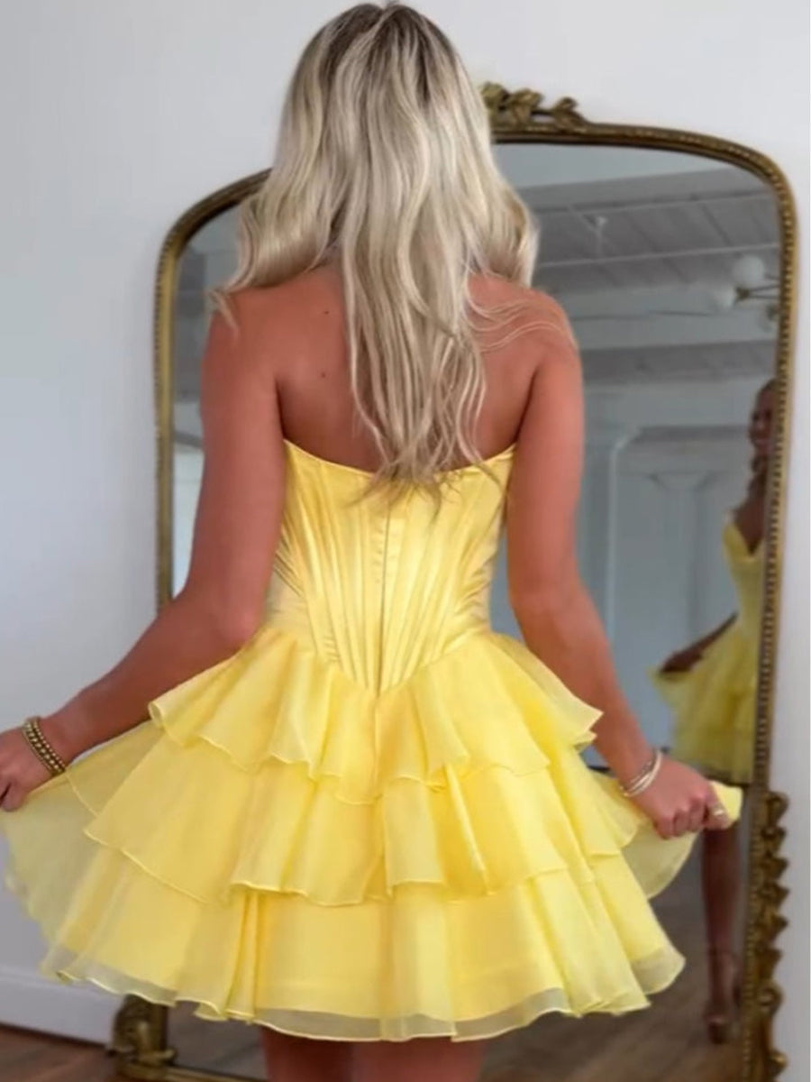 A Line Strapless Short Corset Homecoming Dress with Ruffles