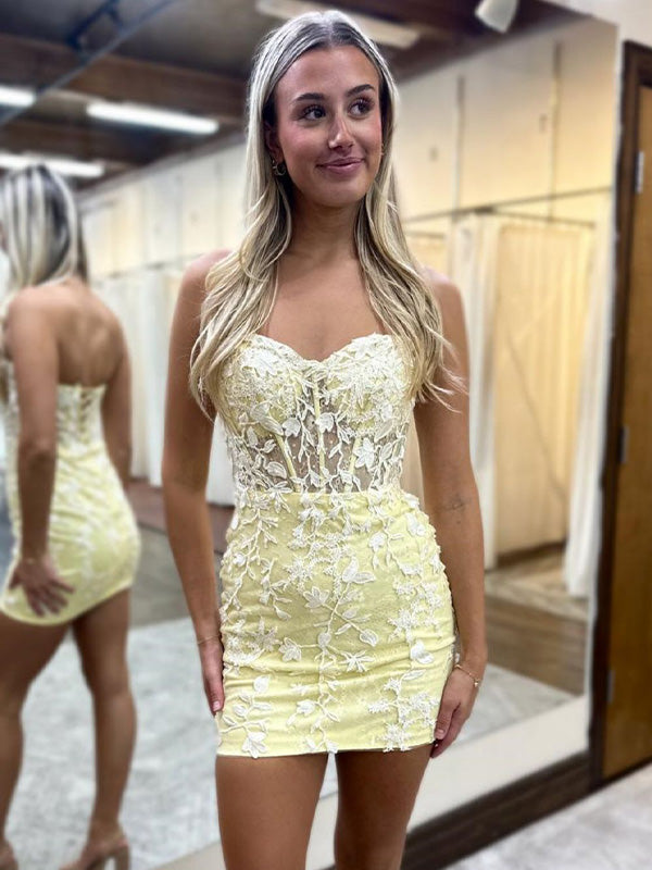 Bodycon Sweetheart Lace Up Short Homecoming Dress With Appliques - FashionDia