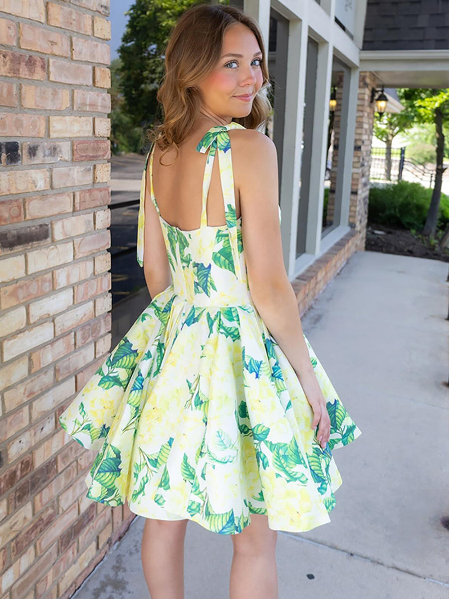 Floral A Line Short Satin Homecoming Dress