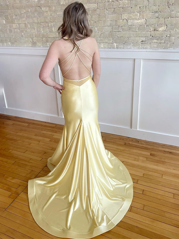 Yellow Mermaid Spaghetti Strap Criss-Cross Back Prom Dress