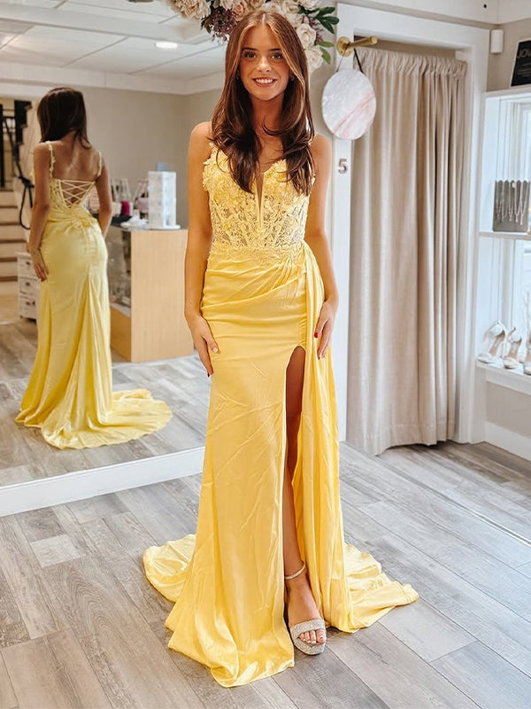 Yellow Sheath Mermaid Sweetheart Satin Appliqued Long Prom Dress with Slit