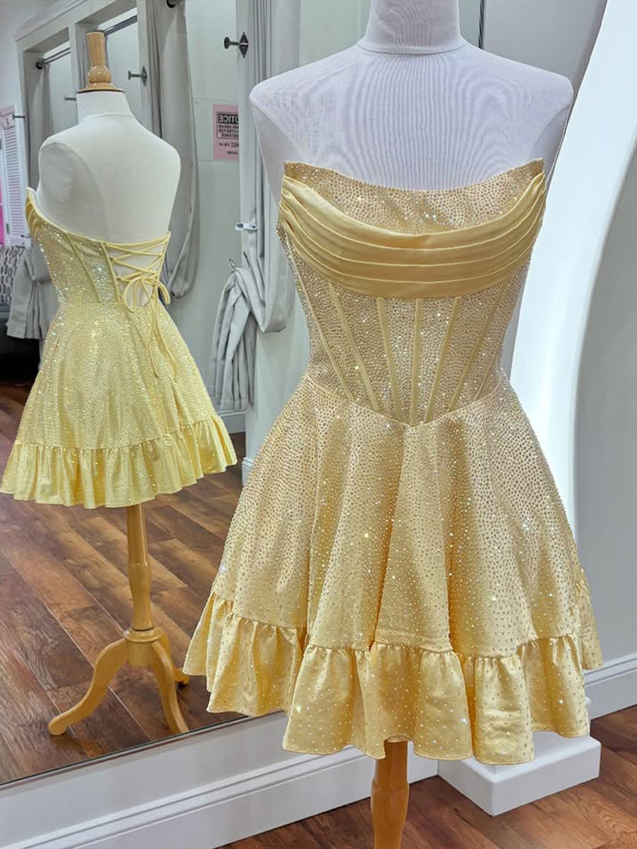 Strapless Beaded Short Homecoming Dress with Ruffle