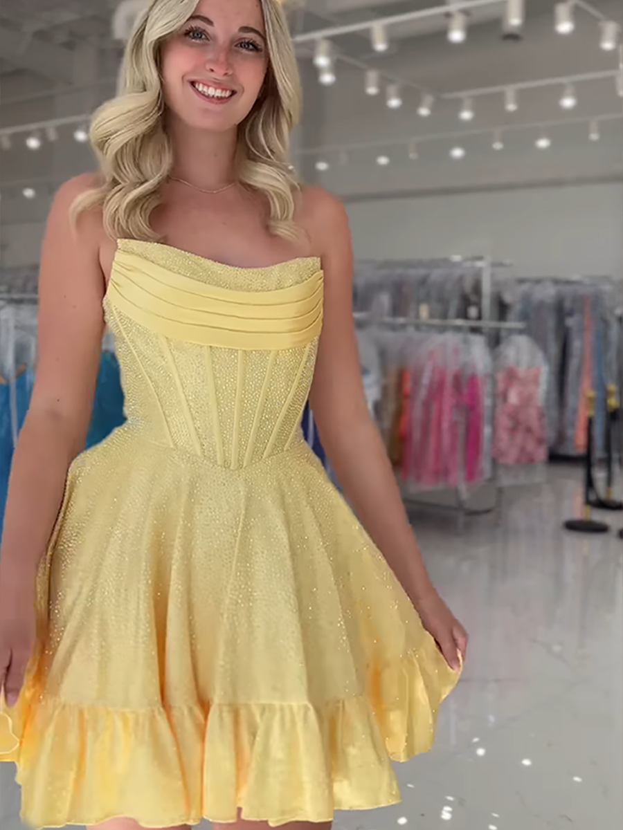 Strapless Beaded Short Homecoming Dress with Ruffle