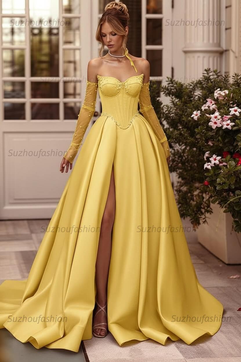 Lilac Prom Dress Beaded A Line Sweetheart Corset Evening Dress with Slit