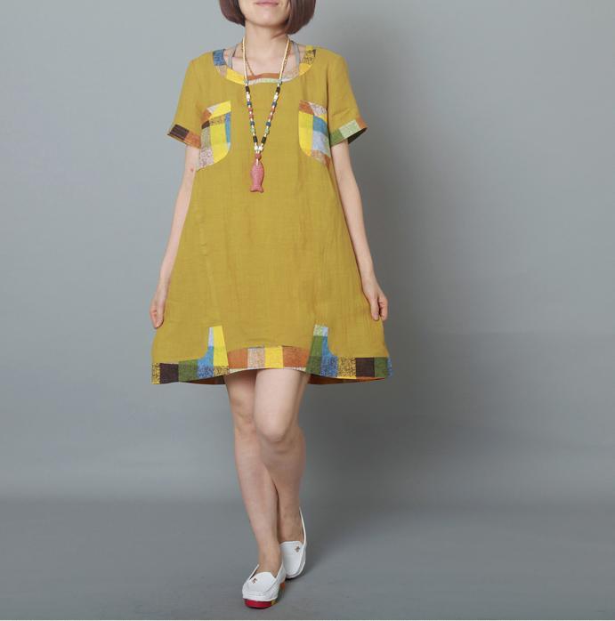 Yellow summer linen dress materniy dress pure linen shift sundress
