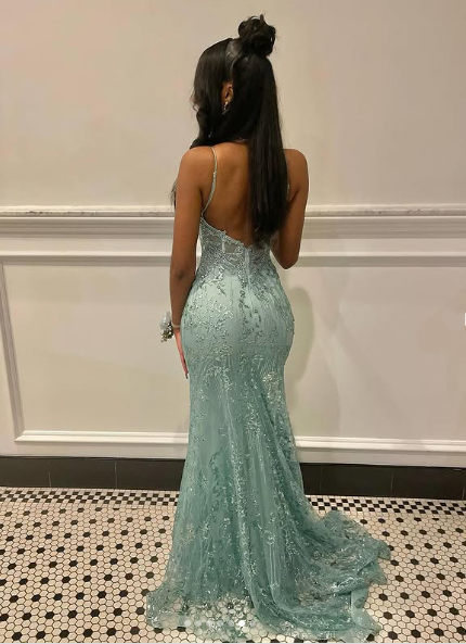 Charming Spaghetti Straps Tulle Lace Mermiad Prom Dress Blue V-Neck Prom Evening Gown - View 5 | FashionDia