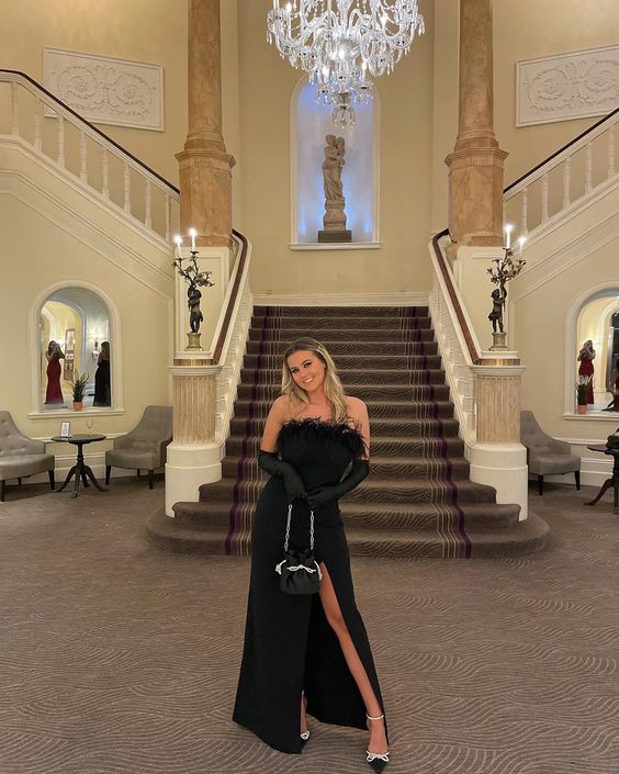 Classy Black Feather Formal Dress Black Evening Dress With Split Y6391 - View 2 | VelvetHem