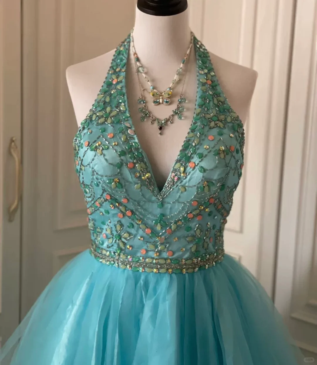 Vintage Blue Tulle Beaded Sleeveless A Line Birthday Dress Homecoming Dress
