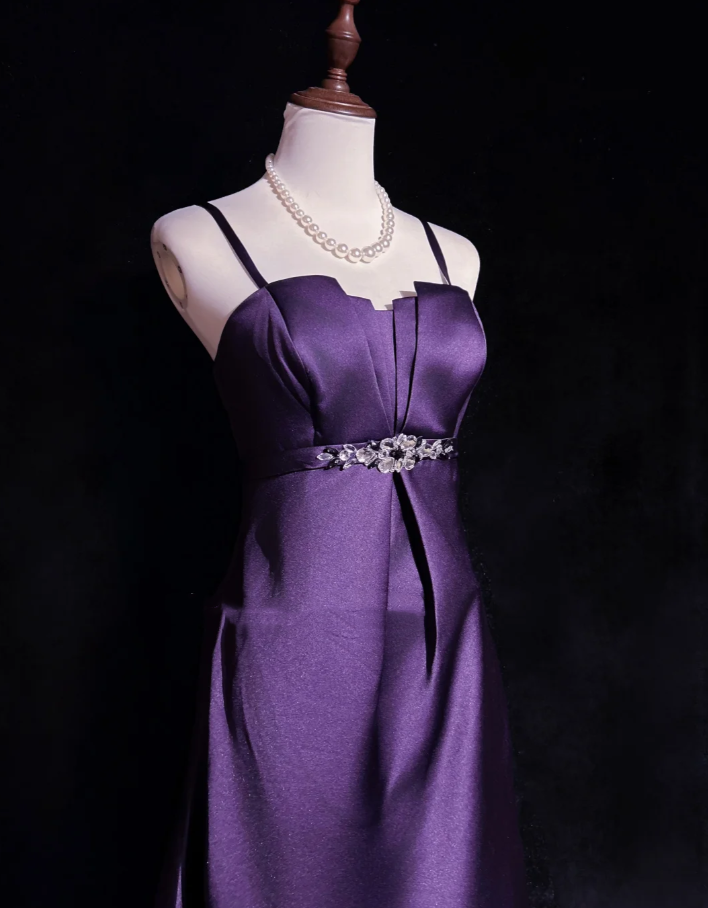 Fashion Spaghetti Straps Purple Satin Beaded A-Line Short Birthday Outfits Homecoming Dress - View 2 | FashionDia
