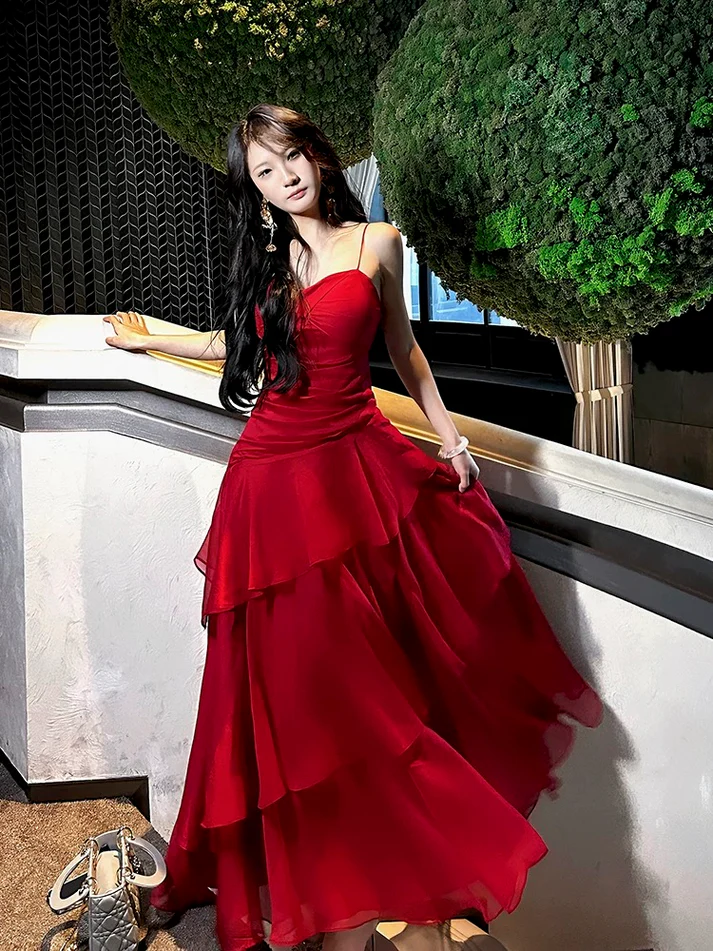 Beautiful Red Chiffon Layered Evening Dress Spaghetti Straps Prom Party Dress - FashionDia
