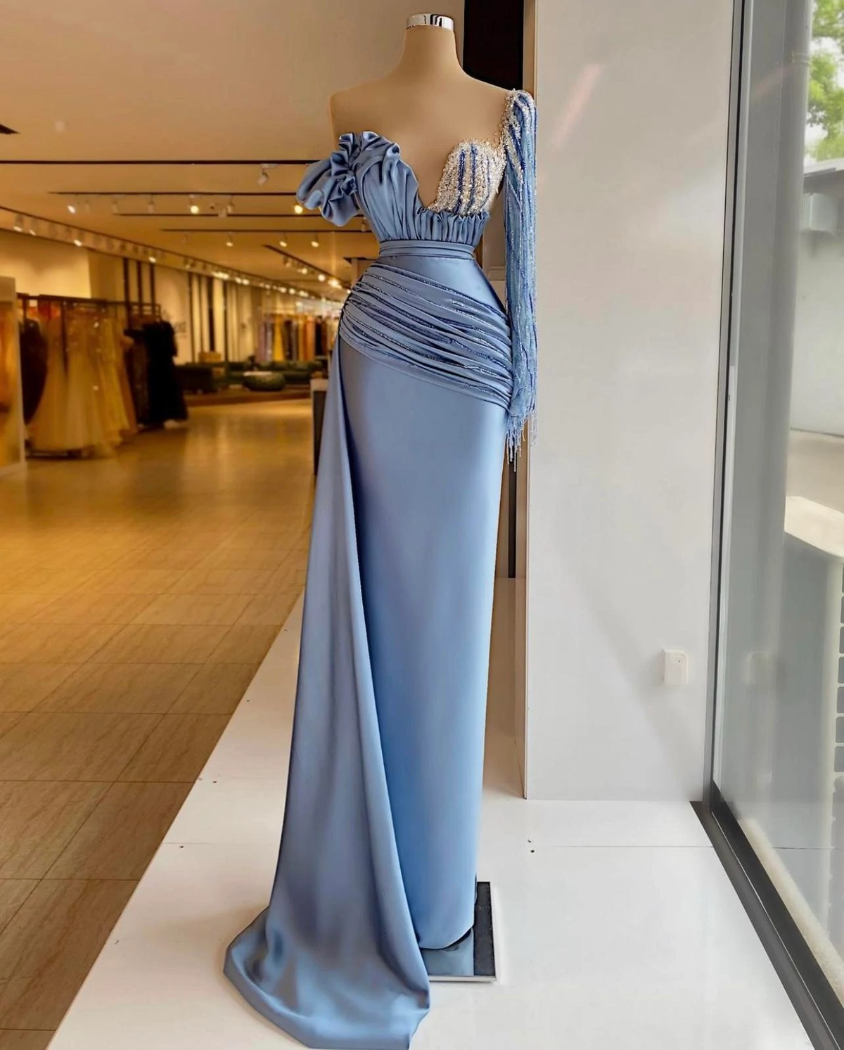 One-Shoulder Blue Mermaid Evening Dresses Crystal Long Sleeve Beaded Formal Prom Dress Custom Made Plus Size Pageant Wear Party Dress - FashionDia