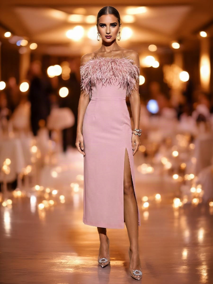 Sheath Column Strapless Stretch Jersey Tea Length Cocktail Dress with Feather Trim & Slit | ZapDress (ZD17547)