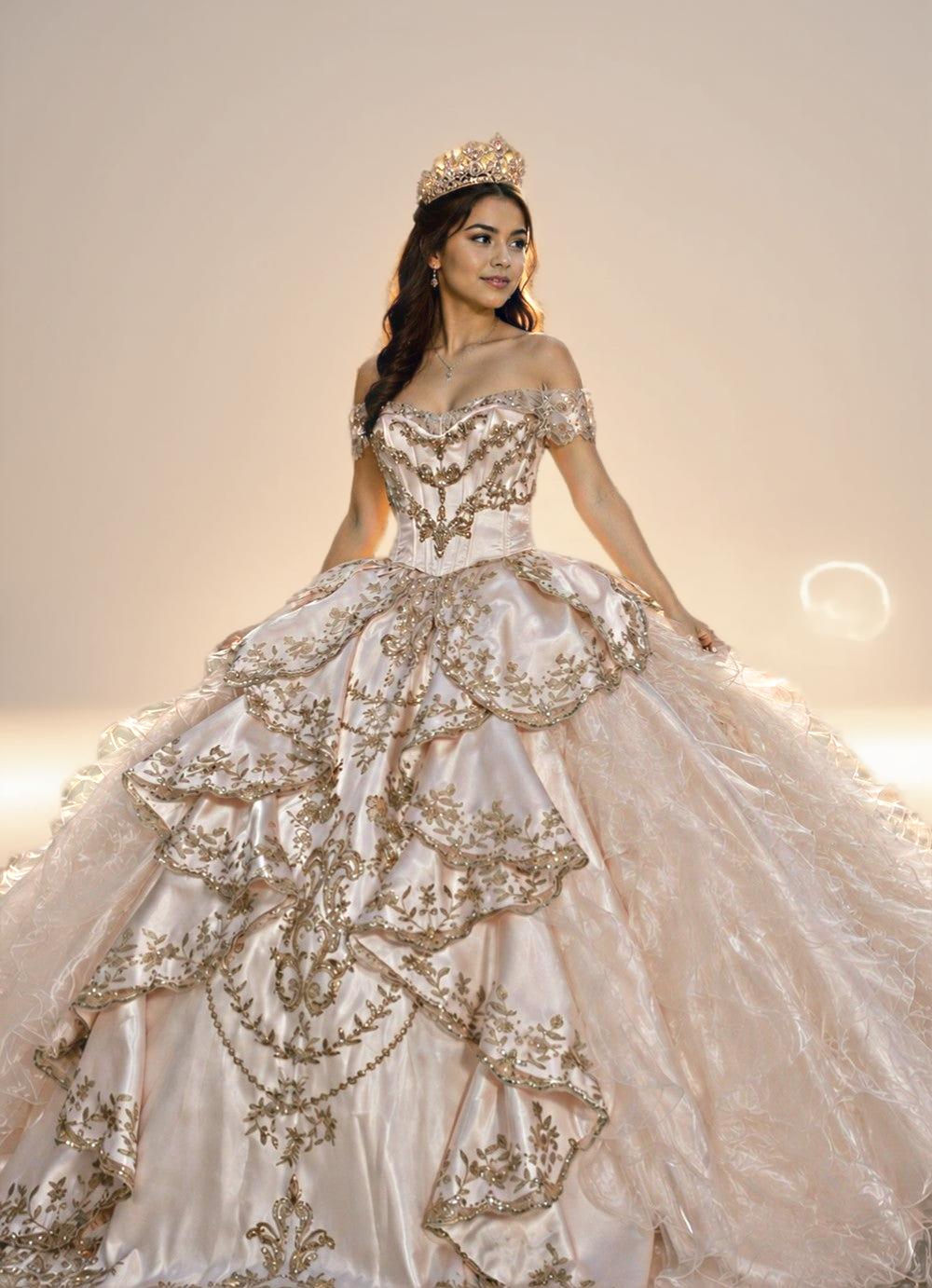 Blush Pink Off Shoulder Quinceanera Dress with Rose Gold Embroidery Ball Gown - ZapDress (ZD17548) - VelvetHem