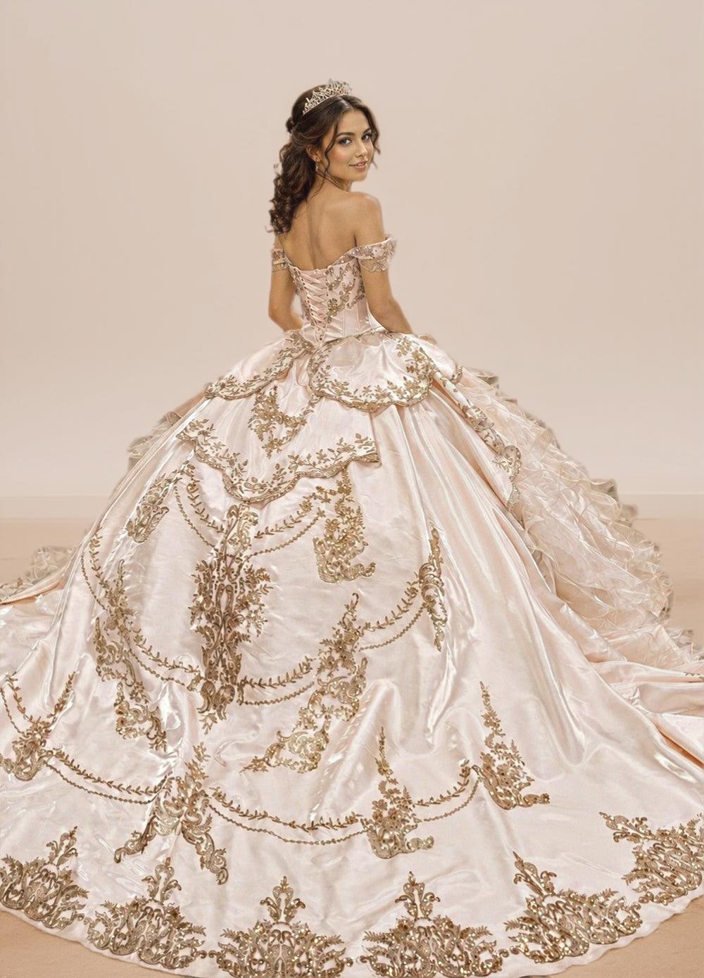 Blush Pink Off Shoulder Quinceanera Dress with Rose Gold Embroidery Ball Gown - ZapDress (ZD17548) - View 2 | VelvetHem