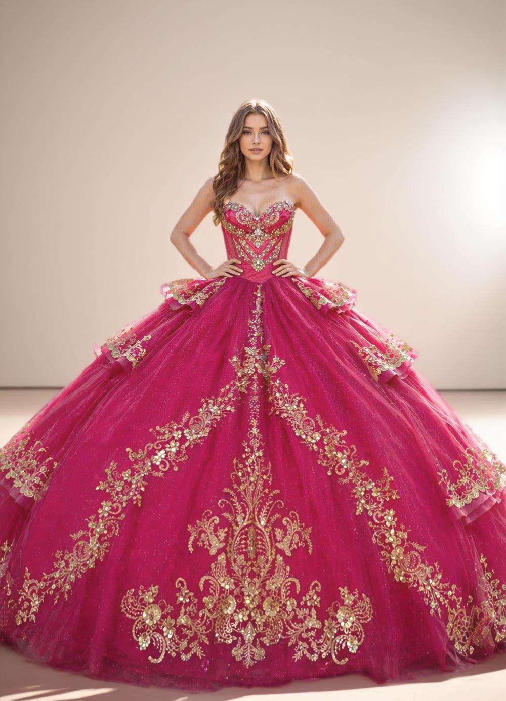 Strapless Fuchsia Quinceanera Dress with Gold Beaded Embroidery Ball Gown - ZapDress (ZD17549) - VelvetHem