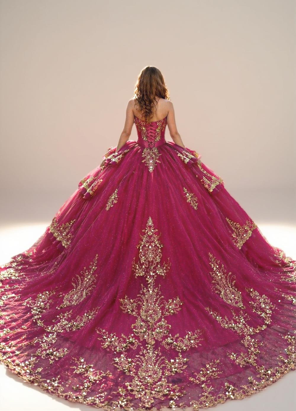 Strapless Fuchsia Quinceanera Dress with Gold Beaded Embroidery Ball Gown - ZapDress (ZD17549) - View 2 | VelvetHem