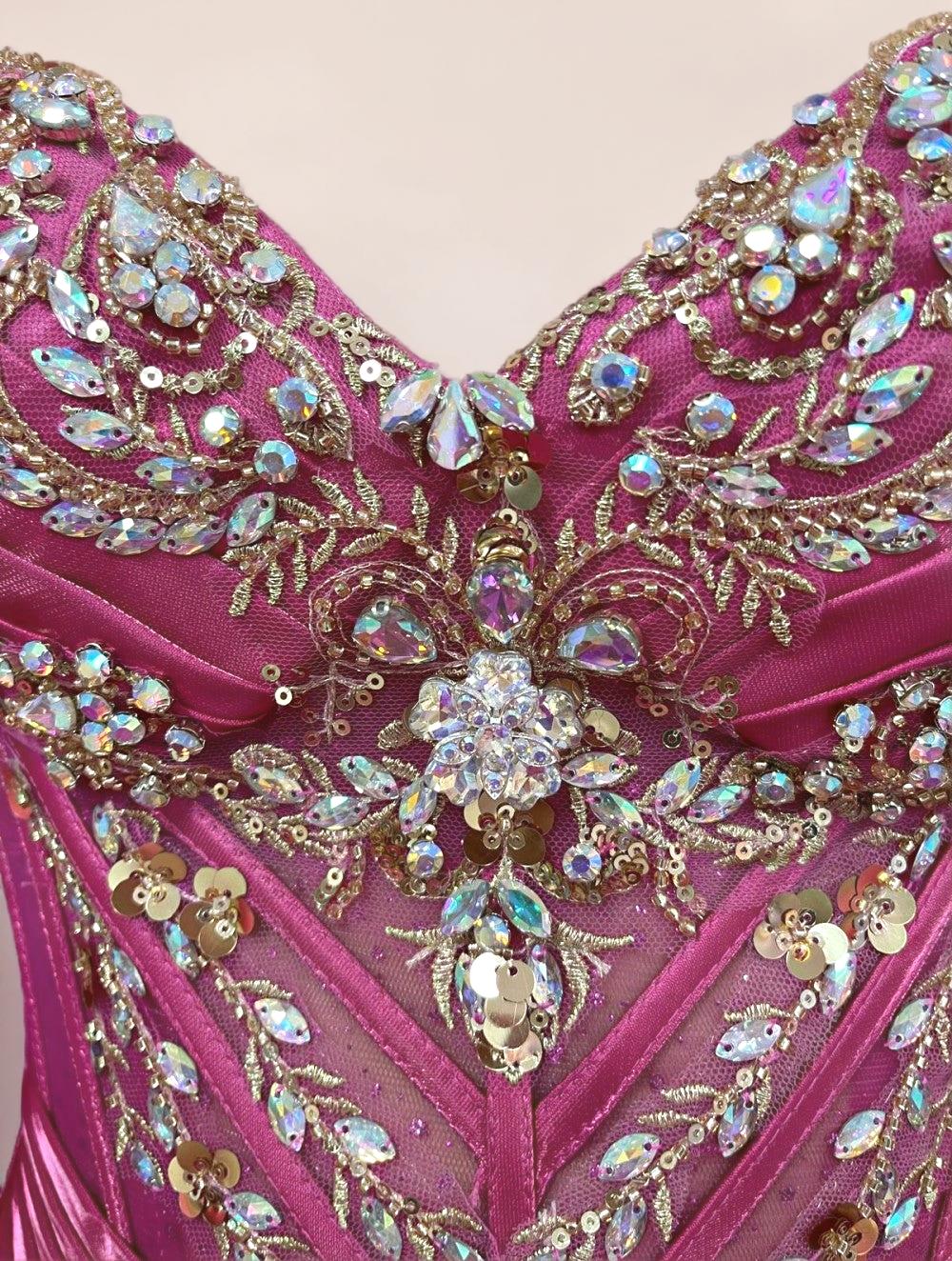 Strapless Fuchsia Quinceanera Dress with Gold Beaded Embroidery Ball Gown - ZapDress (ZD17549) - View 3 | VelvetHem