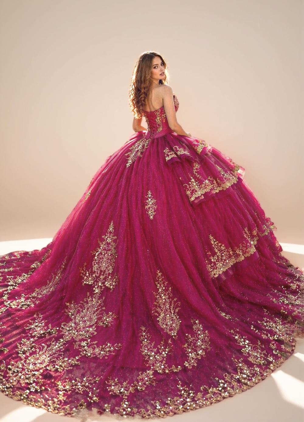 Strapless Fuchsia Quinceanera Dress with Gold Beaded Embroidery Ball Gown - ZapDress (ZD17549) - View 4 | VelvetHem