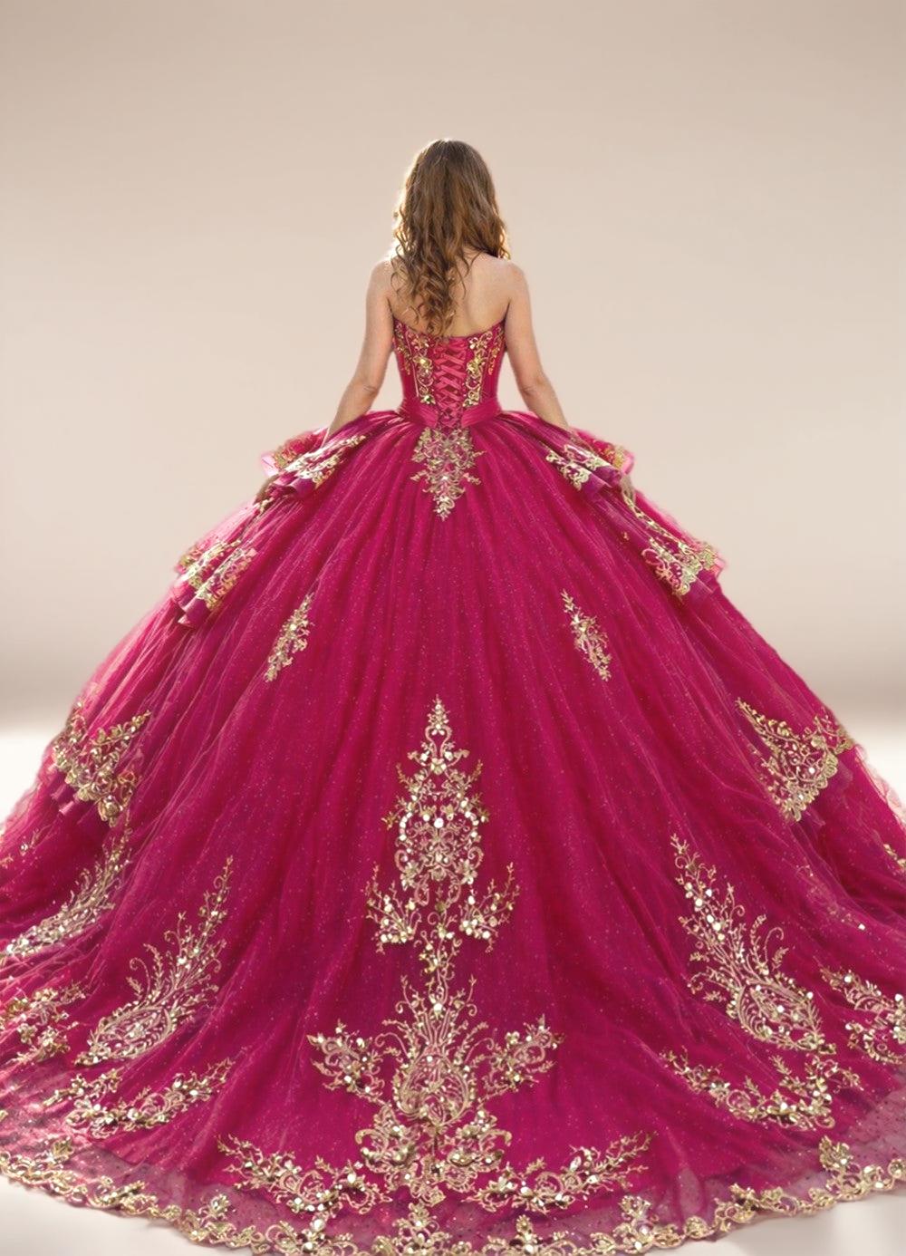 Strapless Fuchsia Quinceanera Dress with Gold Beaded Embroidery Ball Gown - ZapDress (ZD17549) - View 5 | VelvetHem