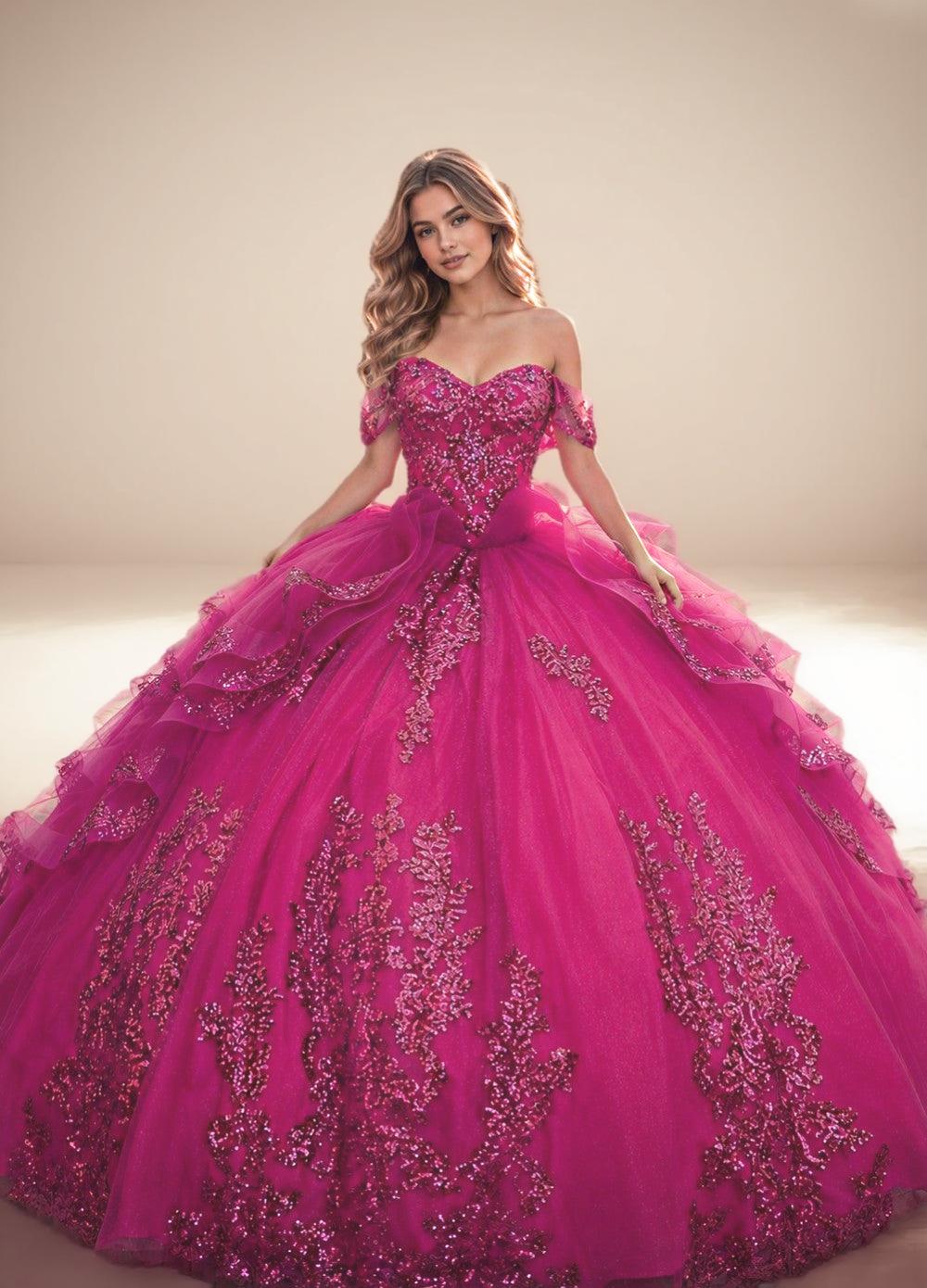 Off Shoulder Sequin Quinceanera Dress Fuchsia Ball Gown with Beaded Appliques - ZapDress (ZD17550) - VelvetHem