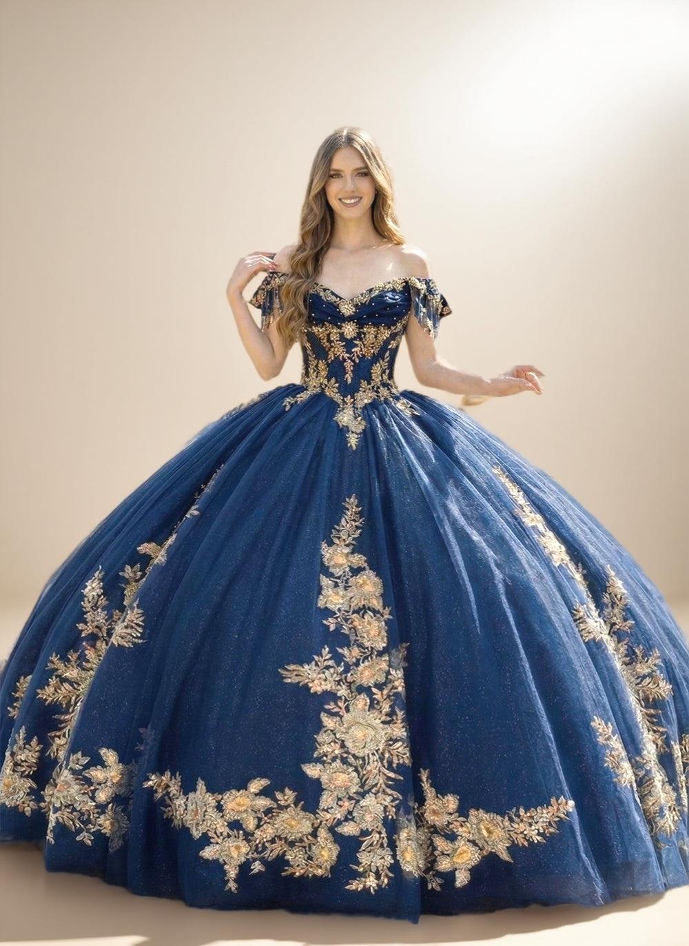 Navy Off Shoulder Quinceanera Dress with Gold Floral Applique Ball Gown - ZapDress (ZD17551) - VelvetHem