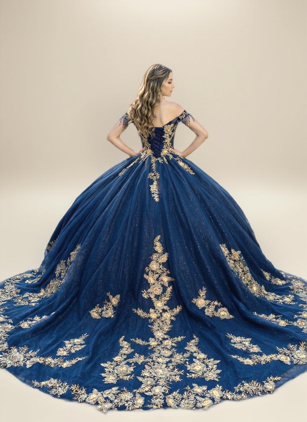 Navy Off Shoulder Quinceanera Dress with Gold Floral Applique Ball Gown - ZapDress (ZD17551) - View 2 | VelvetHem