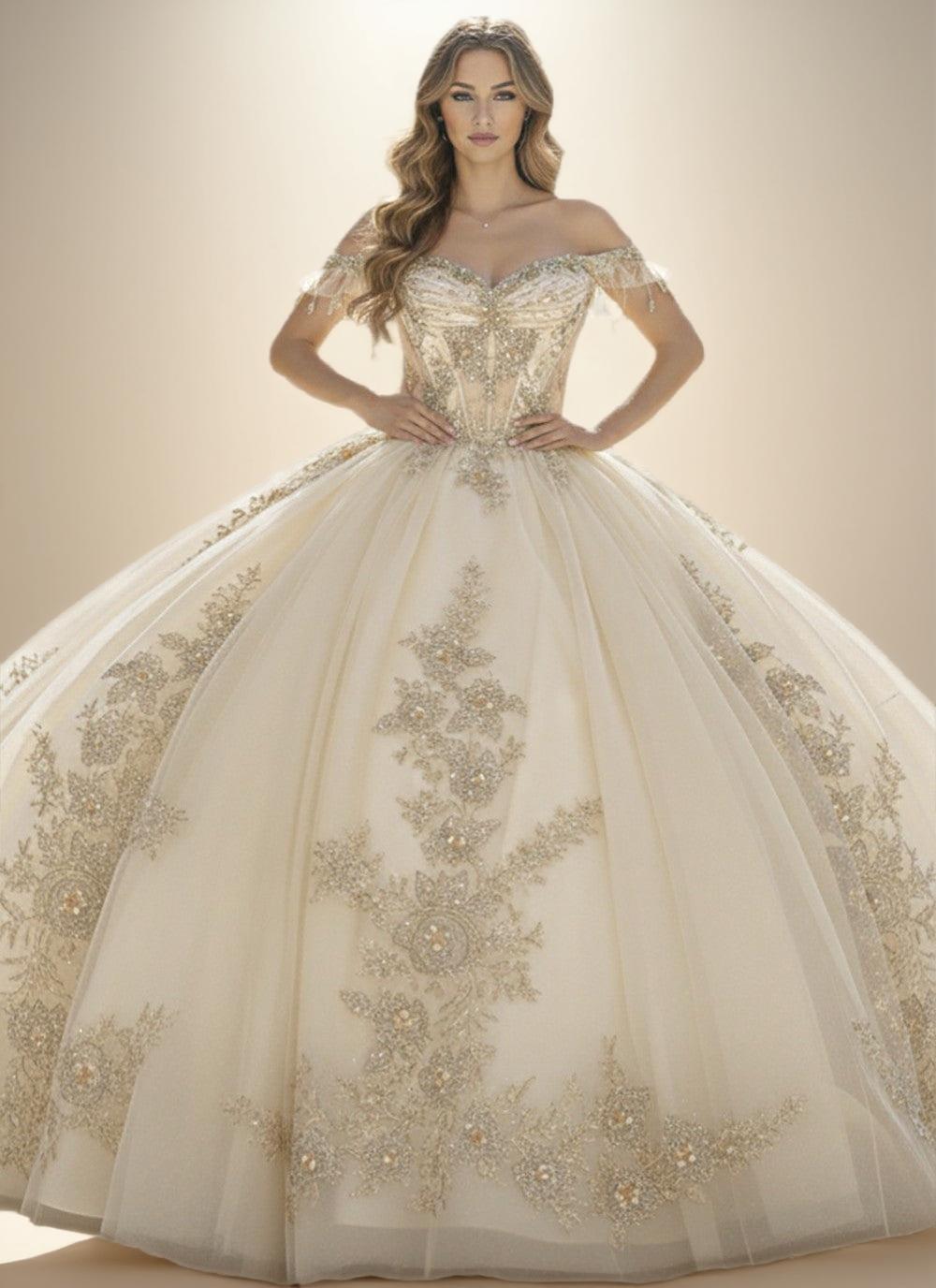 Navy Off Shoulder Quinceanera Dress with Gold Floral Applique Ball Gown - ZapDress (ZD17551) - View 4 | VelvetHem