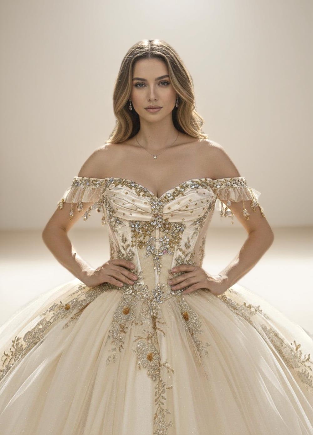 Navy Off Shoulder Quinceanera Dress with Gold Floral Applique Ball Gown - ZapDress (ZD17551) - View 5 | VelvetHem