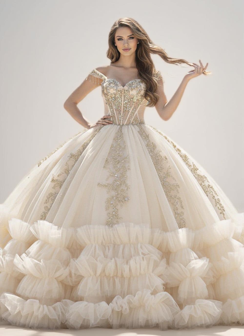 Champagne Off Shoulder Ruffled Quinceanera Dress Ball Gown with Lace Applique - ZapDress (ZD17552) - VelvetHem