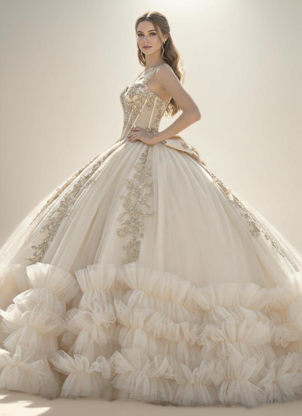 Champagne Off Shoulder Ruffled Quinceanera Dress Ball Gown with Lace Applique - ZapDress (ZD17552) - View 3 | VelvetHem