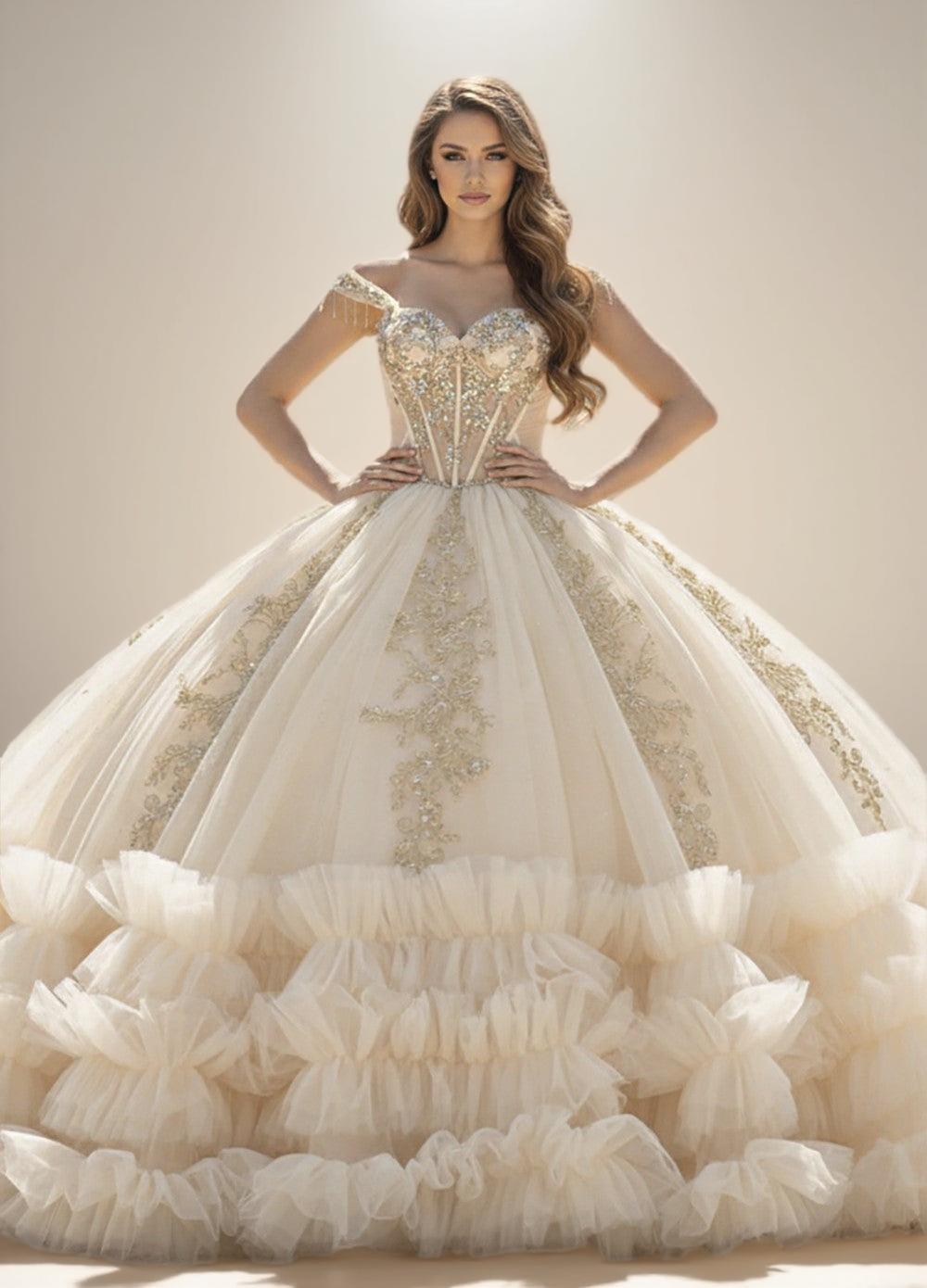 Champagne Off Shoulder Ruffled Quinceanera Dress Ball Gown with Lace Applique - ZapDress (ZD17552) - View 4 | VelvetHem